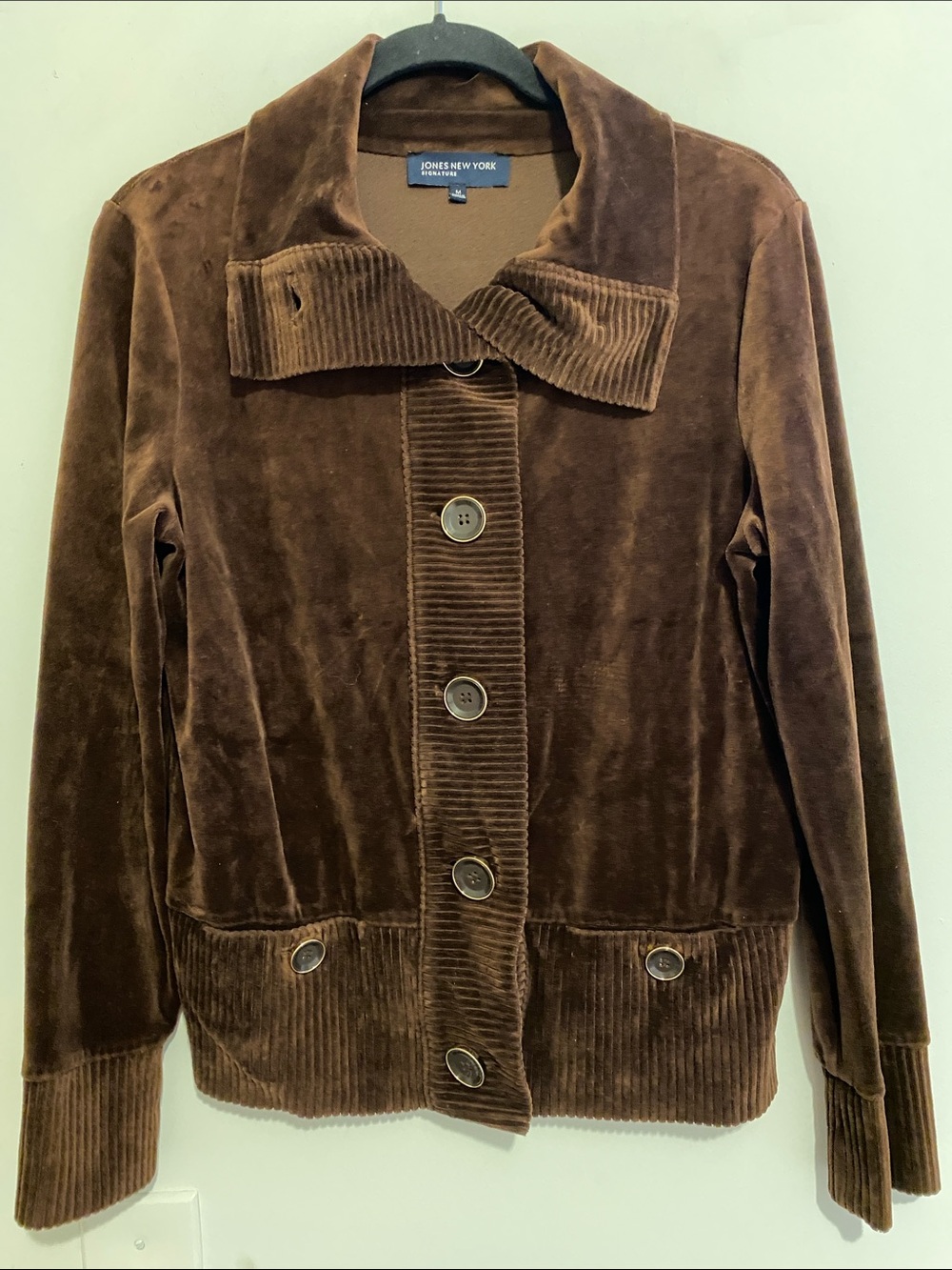 Jones New York Brown Velvet Bomber Jacket with Corduroy Trim, rich brown.